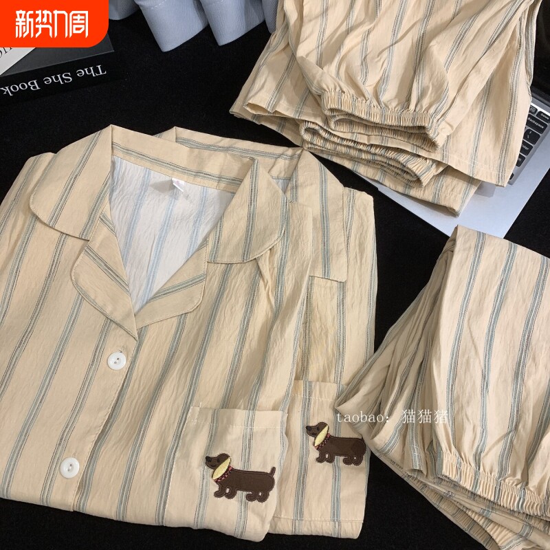 红豆条纹腊肠狗男士短袖三件套情侣睡衣女夏天纯棉纱大码学生家居