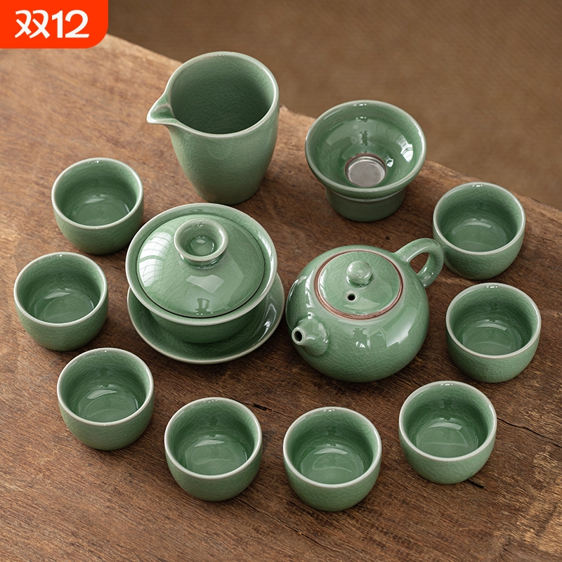 冰裂纹哥窑绿功夫茶具盖碗茶壶泡茶器套装提梁壶茶杯户外家用整套