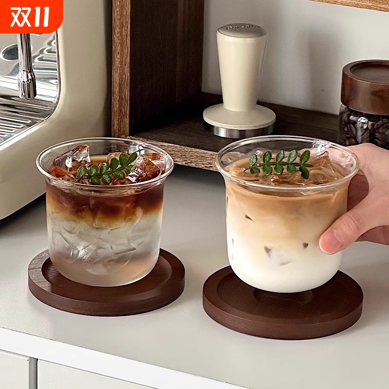 ins风复古宽口透明玻璃杯耐热拿铁杯冷萃杯冰美式咖啡杯杯子便携