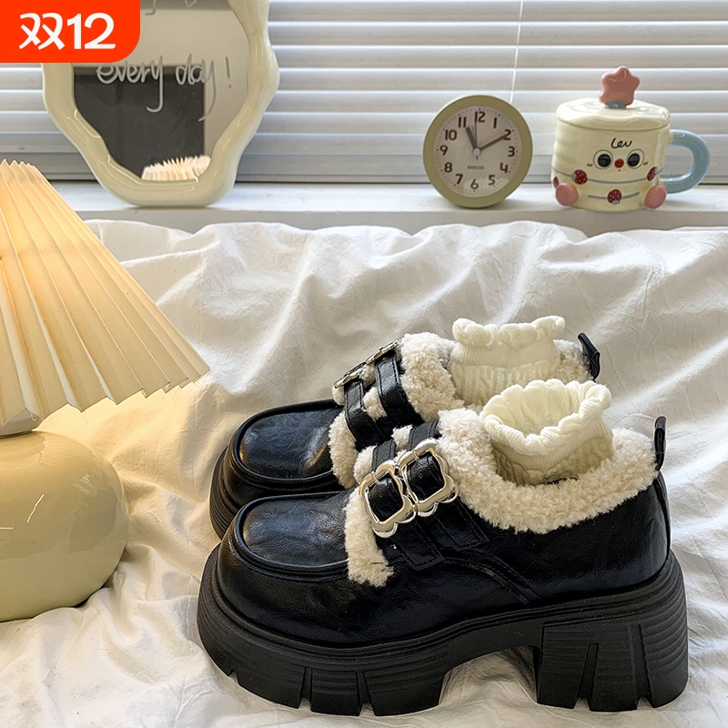 英伦风加绒乐福棉鞋女2025秋冬新款厚底粗跟复古毛毛玛丽珍小皮鞋