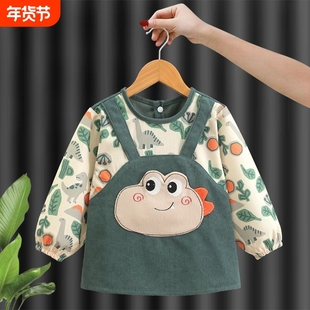 儿童宝宝罩衣厚款防水防脏吃饭围兜秋冬可爱外穿围裙男童女宝护衣