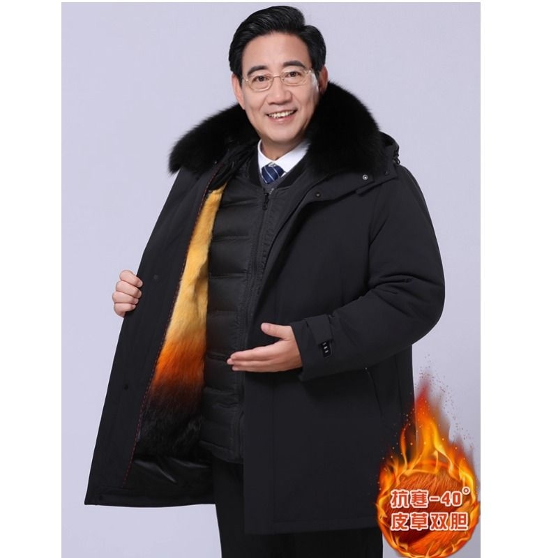 波士登中老年真皮草防寒羽绒服男