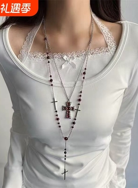 欧美时尚哥特辣妹y2k长款红色串珠十字架叠戴项链毛衣链个性配饰