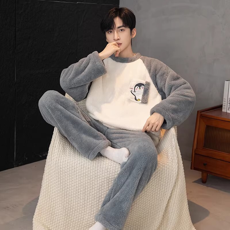 2026年新款冬季珊瑚绒保暖睡衣大码男士加绒加厚青少年家居服套装