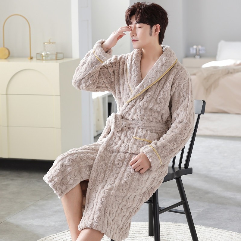 红豆珊瑚绒睡袍男士冬季睡衣加厚加绒秋冬法兰绒家居服男青年大码