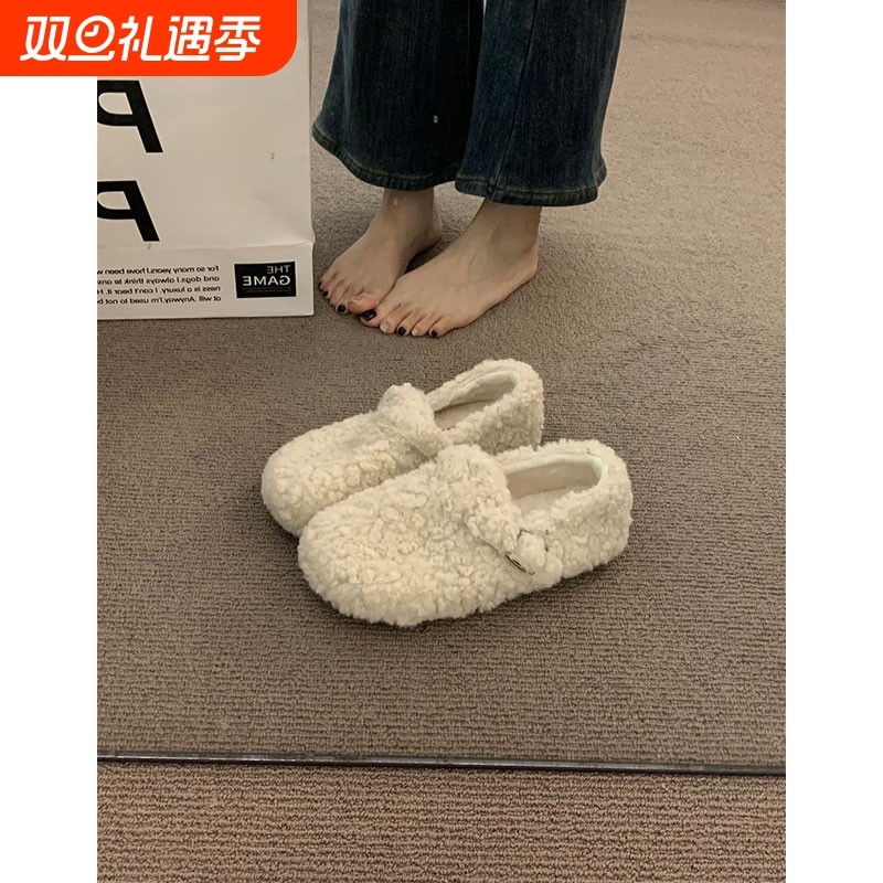 加绒秋冬保暖毛毛棉鞋女冬2025新款羊羔毛勃肯单鞋豆豆鞋内增高