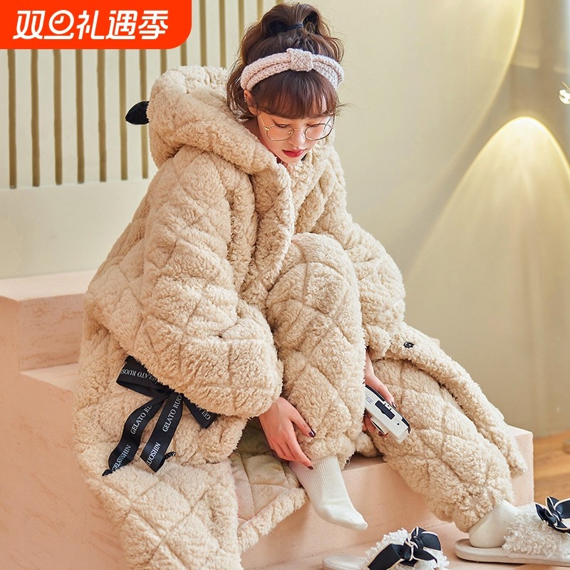 红豆冬季三层夹棉睡衣女珊瑚绒加厚加绒保暖可外穿法兰绒家居服套