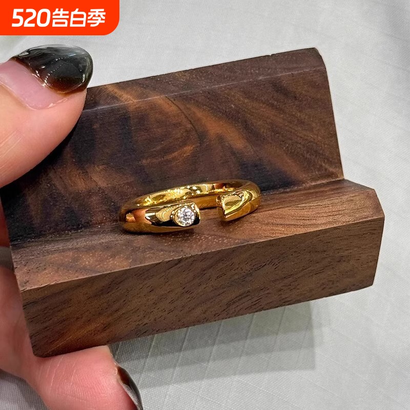 复古金色点钻泥鳅背开口戒指小众设计简约百搭轻奢高级感素圈指环