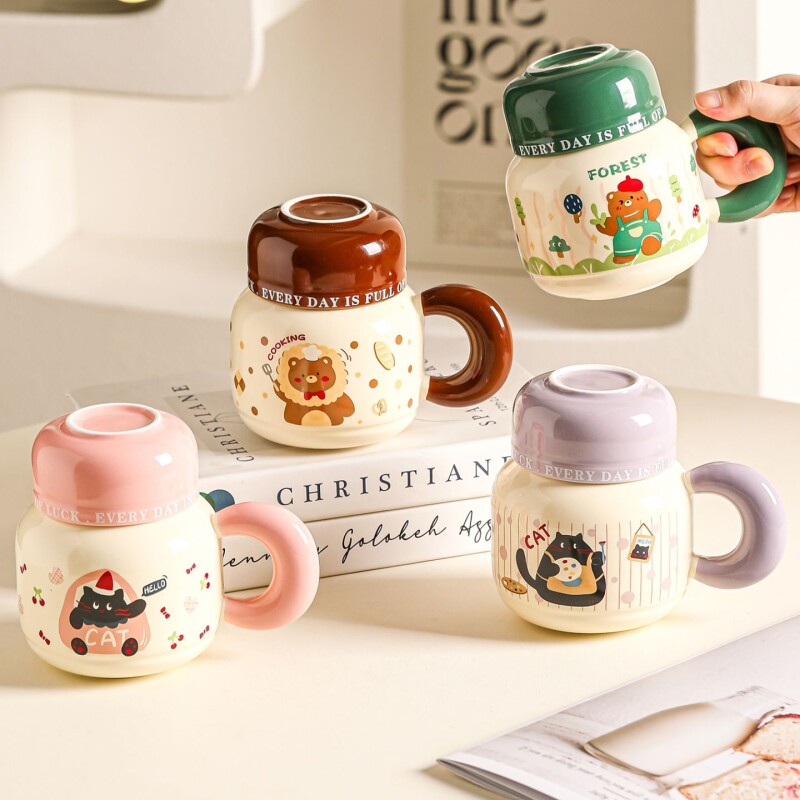 萌宠陶瓷马克杯高颜值卡通水杯大容量带盖杯子礼盒装咖啡杯牛奶杯