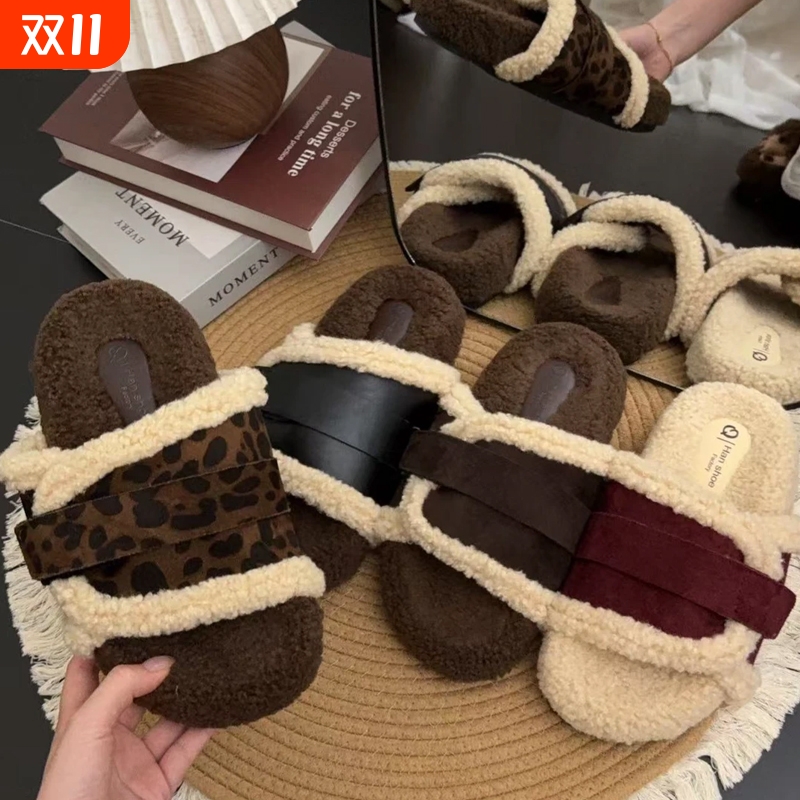 秋冬新款居家外穿保暖毛毛拖鞋女士防滑软底一字拖毛绒黑色棕色