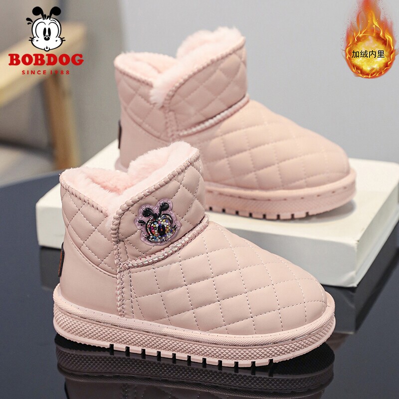 巴布豆童鞋女童雪地靴加绒加厚2025冬季款儿童保暖大棉鞋女孩短靴