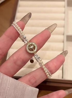 法式满钻八芒星圆盘吊坠手链时尚小众宫廷风双层缠绕串珠叠戴手饰