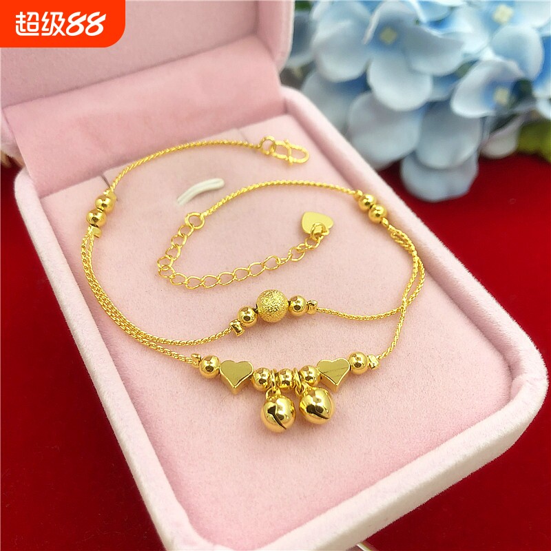 越南沙金转运珠脚链女性感百搭铜镀金脚饰黄金爱心铃铛久不掉色