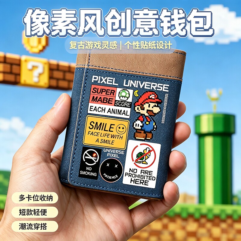2026新款马里奥钱包大学生男帆布卡通青少年多功能零钱包卡包一体