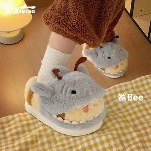 细细条 男女冬季鲨bee棉拖鞋情侣防滑包跟趣味可爱鲨鱼蜜蜂毛毛鞋