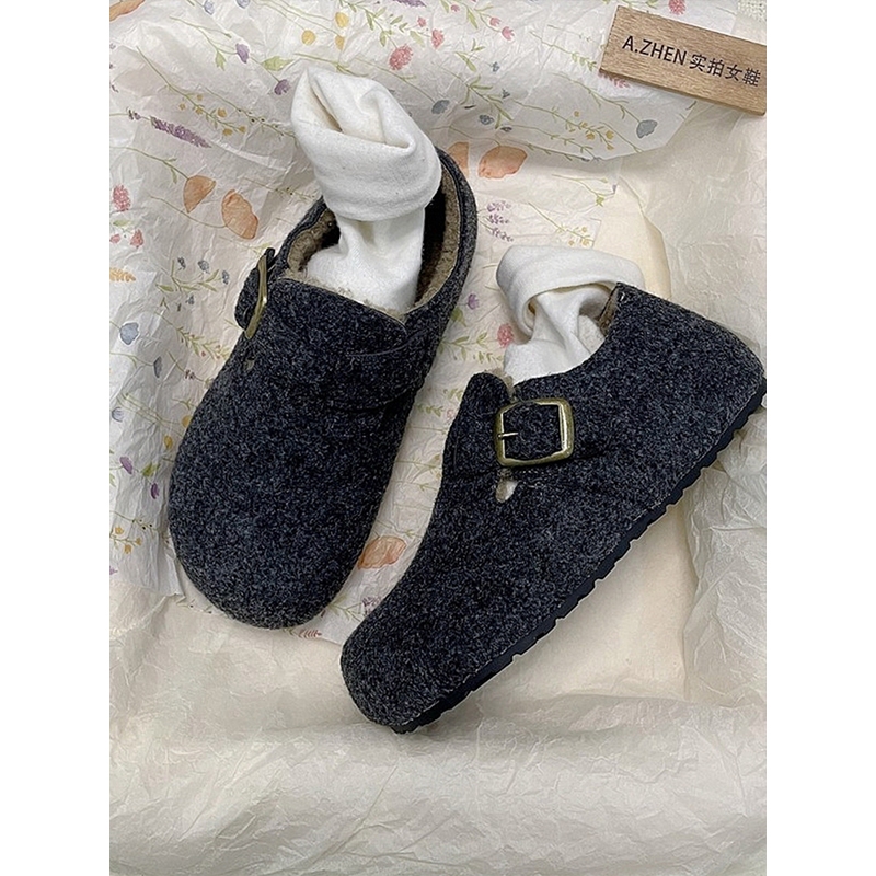 羊毛毡勃肯鞋内增高女加绒软底牛筋底棉鞋羊羔毛加棉灰色毛绒平底