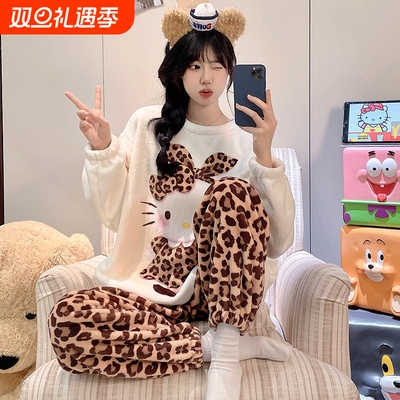 冬季法兰绒加绒加厚大码睡衣女款