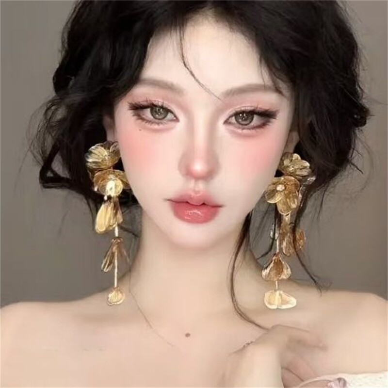 法式金色花朵流苏耳环夸张复古高级感重工气质宴会耳坠中古耳饰女图片