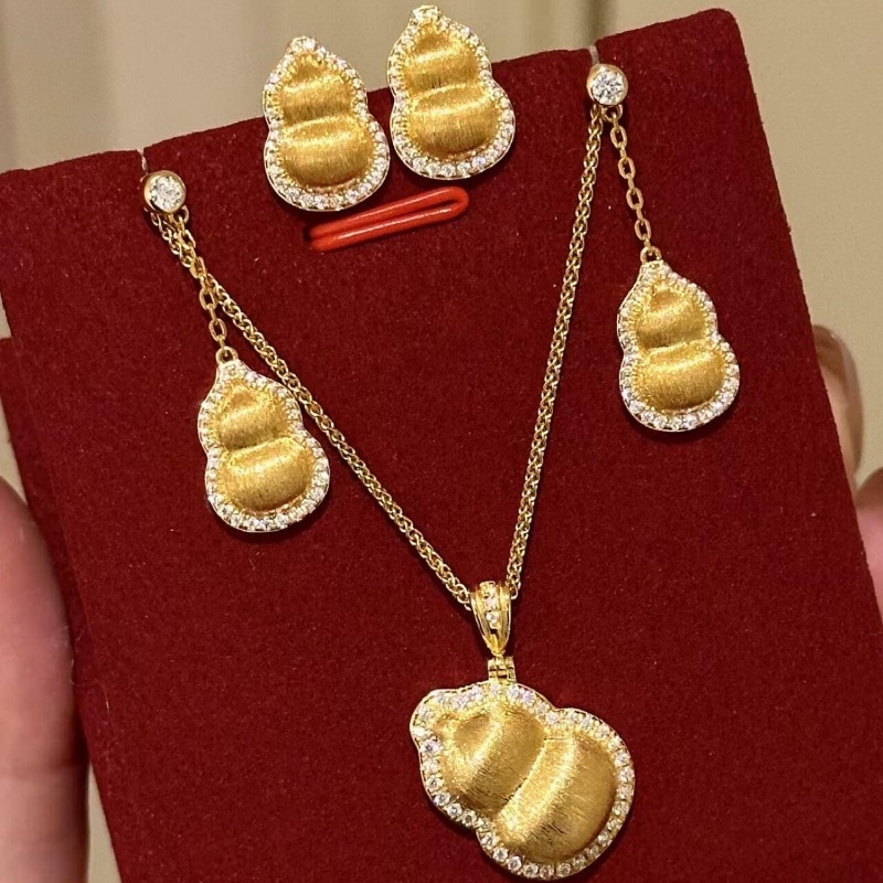 925轻奢复古拉丝镶钻拉丝葫芦项链戒指手链耳钉新中式叠戴高级感