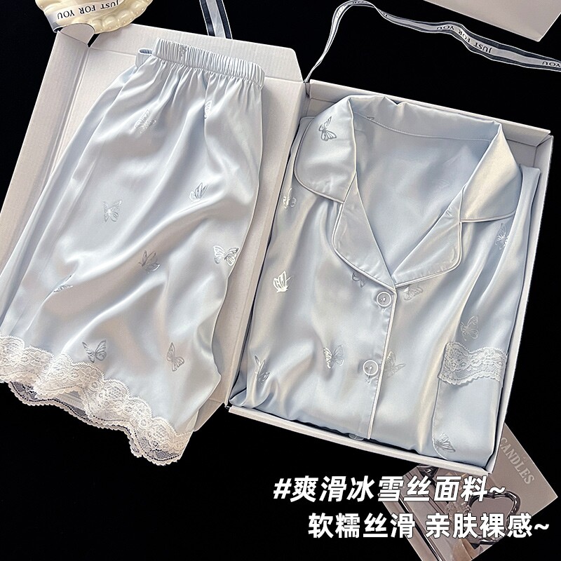 冰丝睡衣女短袖开衫2026新款夏季甜美少女透气丝绸凉感家居服套装