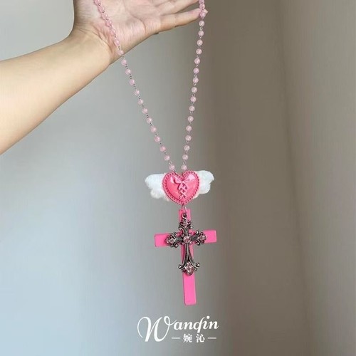 「不败天使」甜酷风粉色爱心十字架项链个性y2k辣妹亚文化配饰女