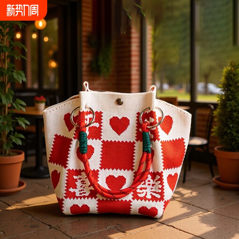大容量针织手拎包手提袋女士水桶包化妆包上班通勤小包手提包波点