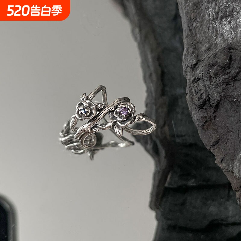 巨丰925纯银耳夹无耳洞荆棘玫瑰花耳夹 高级感紫锆泰银复古耳夹