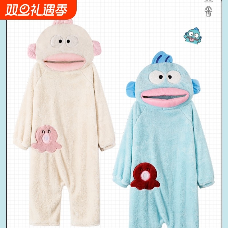 丑鱼情侣珊瑚绒加厚睡袍