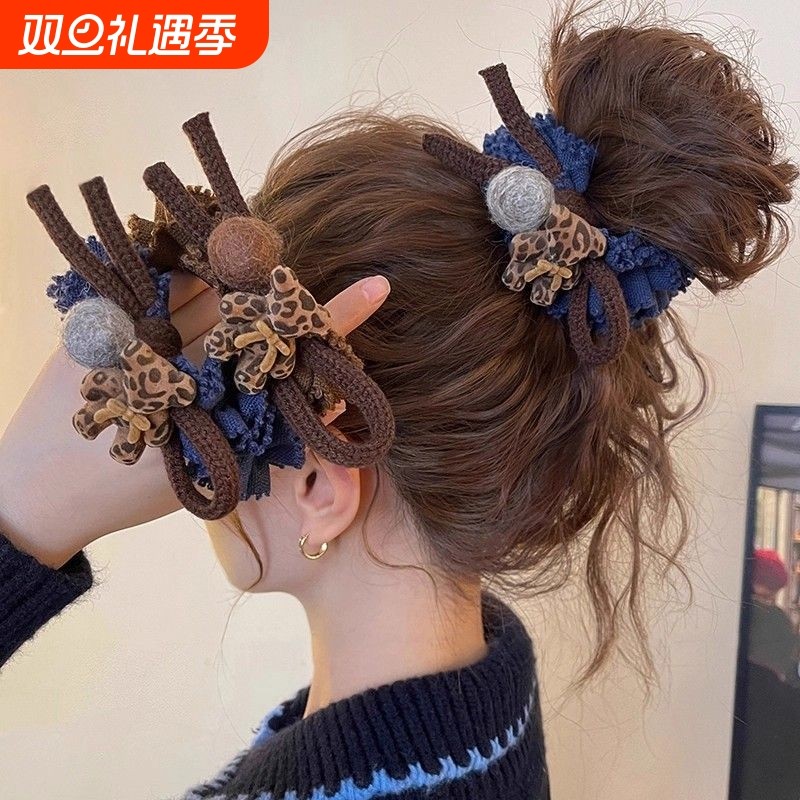豹纹小熊毛球大肠发圈女高级感低马尾皮筋头花盘发丸子头绳发绳