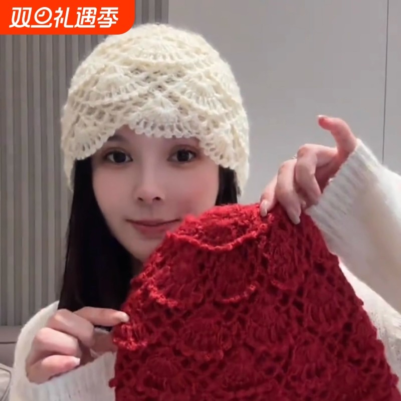 秋冬季钩花镂空马海毛针织毛线帽子女保暖包头帽冷帽针织帽红色