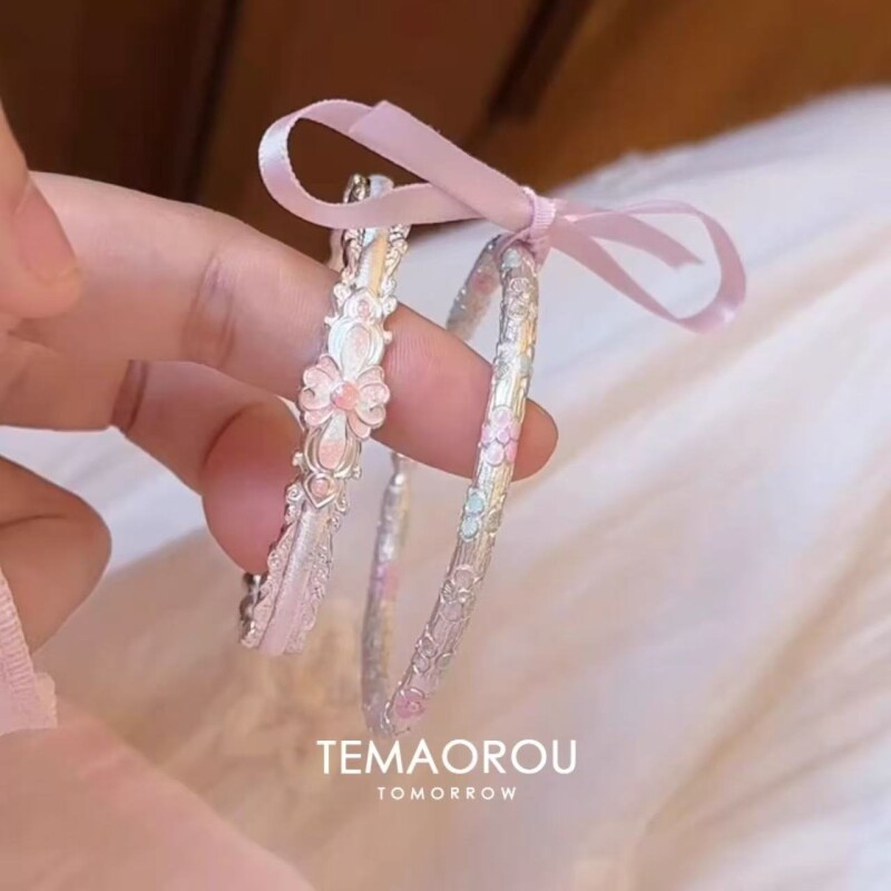 新中式鎏金手工雕刻珐琅滴油粉色花朵雕刻手镯女民族风手环手饰品