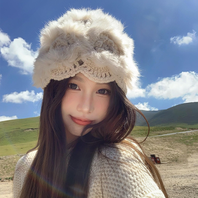 2025新款白色针织帽女川西旅游兔毛帽子秋冬拍照穿搭韩版保暖冷帽