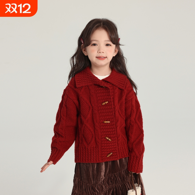 女童针织衫拜年服2025秋冬新款儿童加厚新年红色开衫毛衣外套毛线