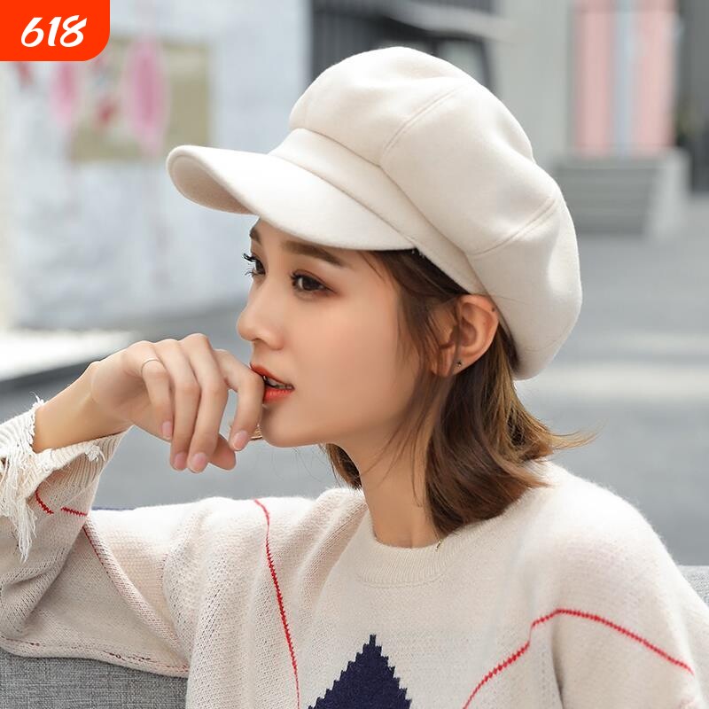 毛呢八角帽子女秋冬贝雷鸭舌休闲百搭画家英伦帽灰色红色黑色