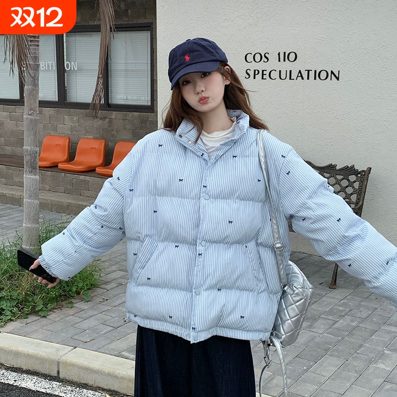 户外ins韩系感加厚保暖羽绒服冬季新款蝴蝶结蓝色小个子内胆防风