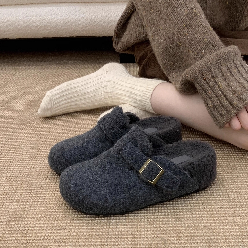 他她女孩内增高灰色毛毛鞋女2025秋冬勃肯鞋加绒包头毛呢平底咖色