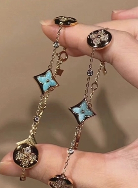 高版本菱形贝母天河石镶钻四五花手链女18K玫瑰金轻奢小众四叶草