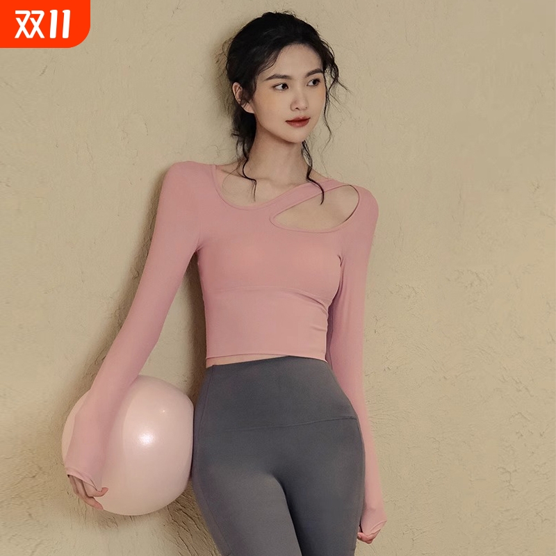 运动长袖女带胸垫跑步健身上衣紧身显瘦瑜伽服打底衫T恤秋普拉提