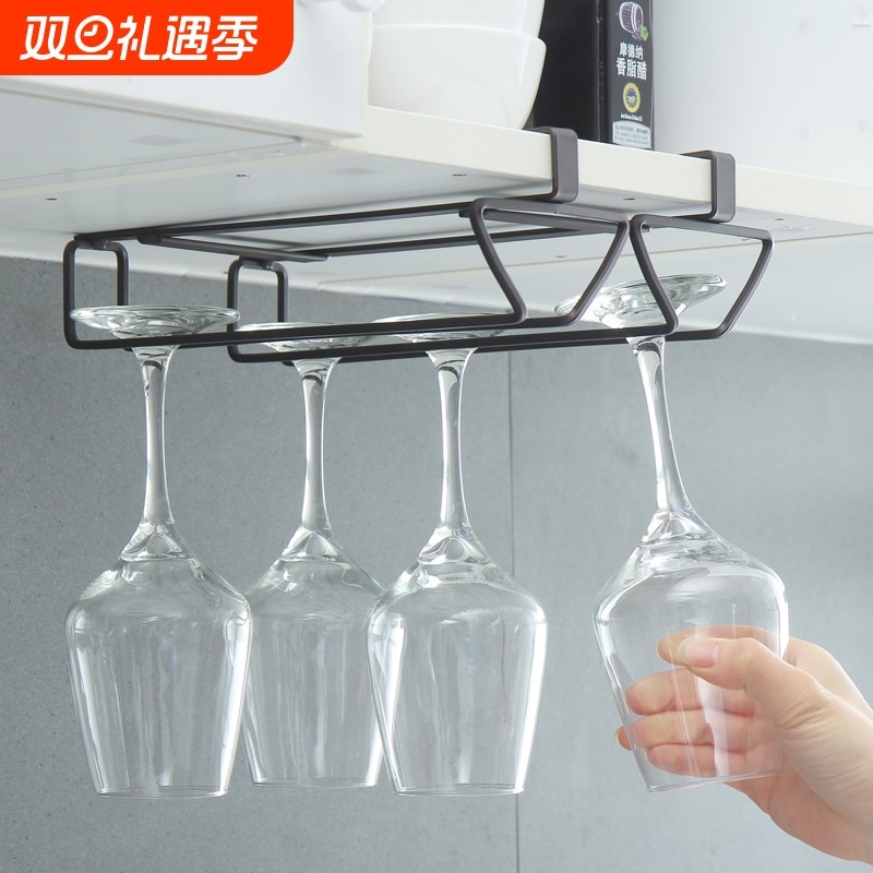 红酒杯架倒挂厨房免打孔红酒柜欧式夹层板葡萄酒悬挂高脚杯收突贸