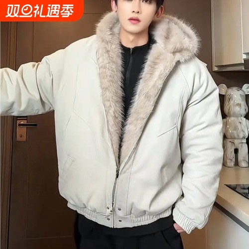 美式复古大毛领连帽羽绒服外套男女冬季短款加厚面包服棉衣外黑色