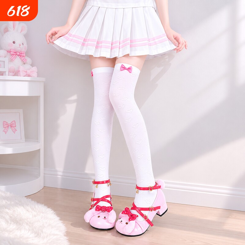 日系软妹JK制服袜Lolita爱心女儿服蝴蝶结过膝袜少女粉萝莉可爱