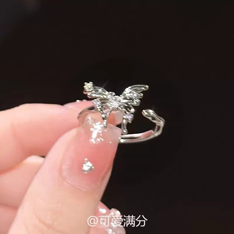银色镂空锆石蝴蝶开口戒指女新款高级感轻奢时尚925银