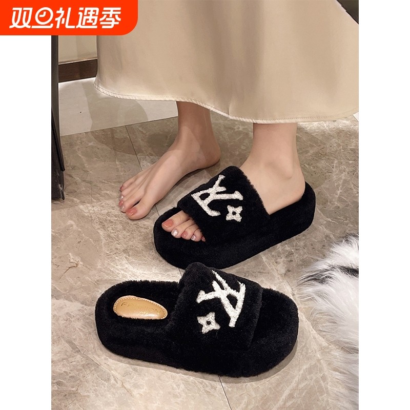 小香风毛毛拖鞋女秋冬外穿加绒厚底2025新款高级感棉拖鞋毛绒黑色