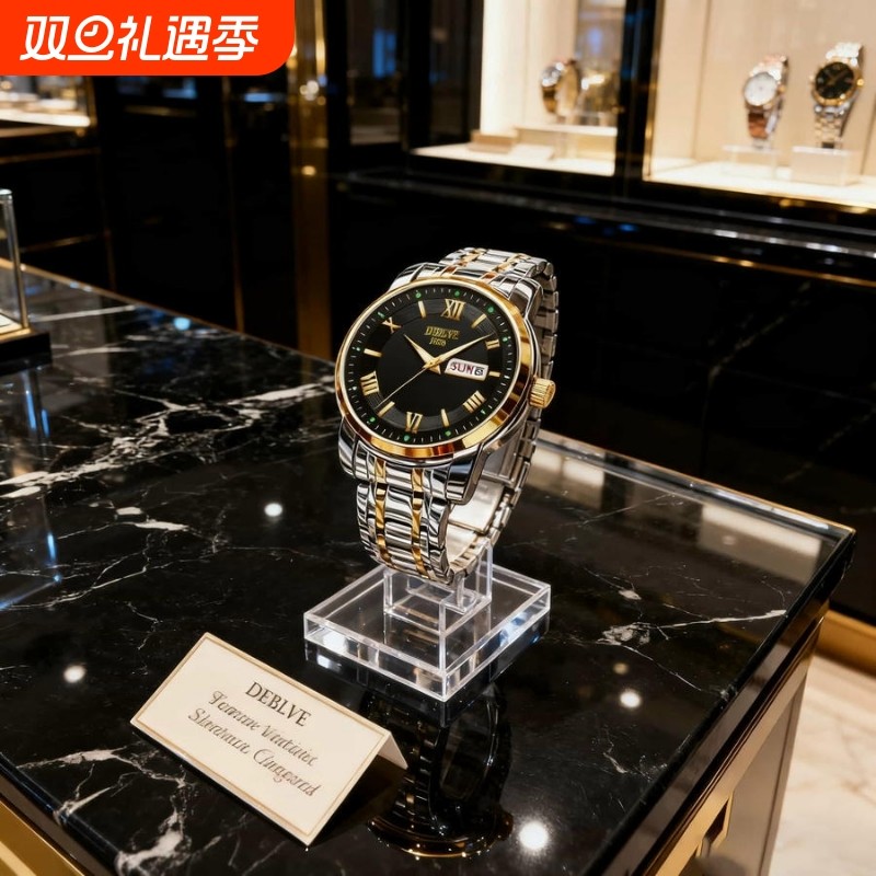 正品瑞士2024新款手表男士全自动机械风防水精钢带双日历男表夜光