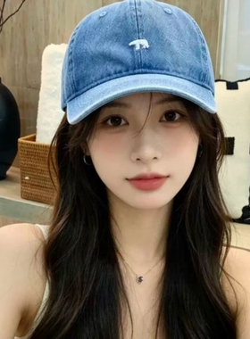 新品经典深蓝色牛仔棒球帽女显白纯棉弯檐精致小刺绣显脸小鸭舌帽