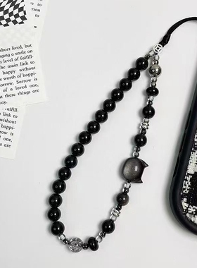 原创手机链挂链高级猫咪手机挂绳挂手腕黑色挂件ccd相机手机挂链