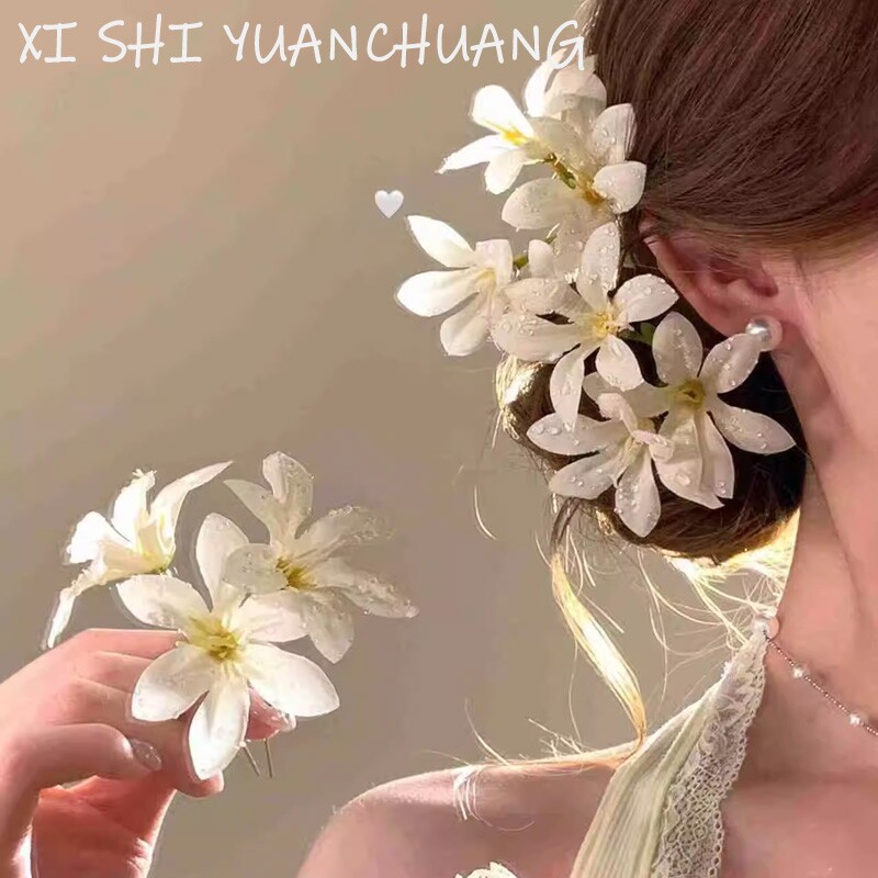 海边度假风花朵发簪女氛围感拍照头花新中式发饰樱花造型婚礼旅游