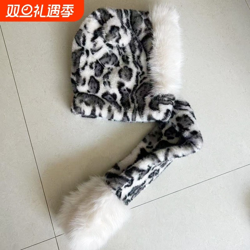 冬季女帽子围巾一体豹纹仿皮草毛绒加厚保暖显脸小甜酷甜酷风