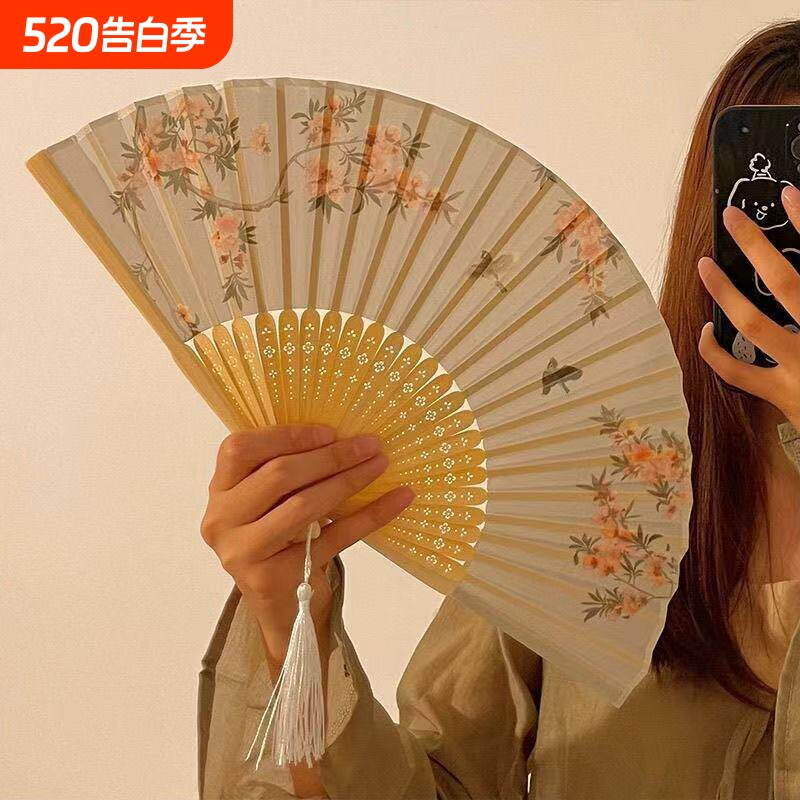 中国风折叠小扇子随身携带古风汉服古装舞蹈新中式夏天白色竹扇女