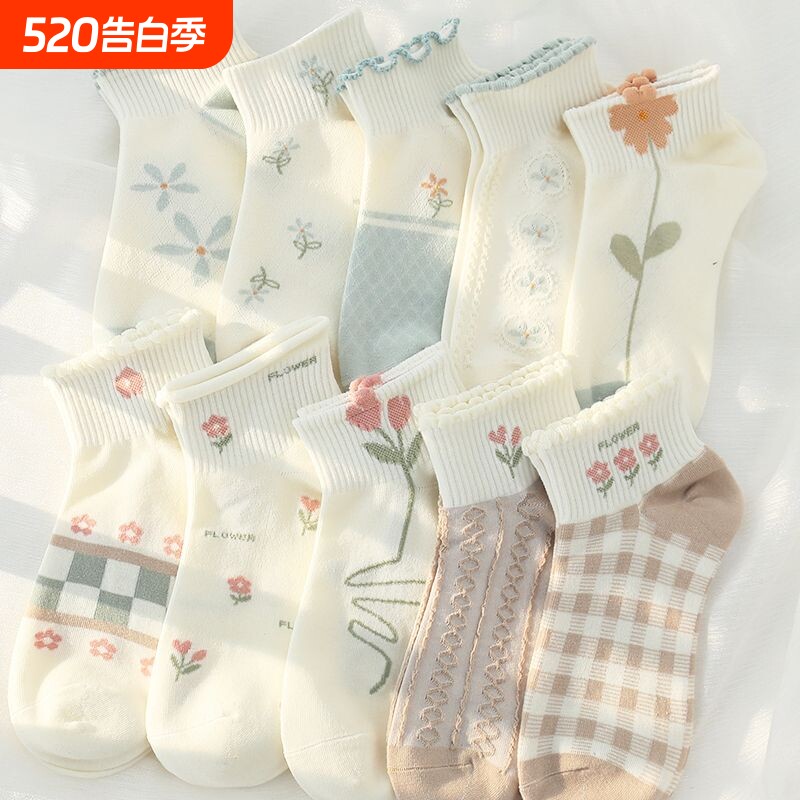 袜子女夏季薄款短袜郁金香学生可爱日系百搭小清新女生船袜白色